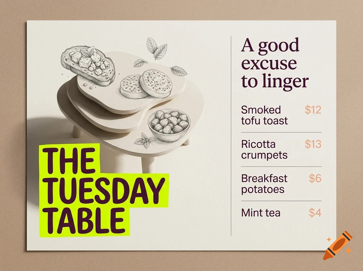 A menu titled The Tuesday Table featuring illustrations of food and prices.