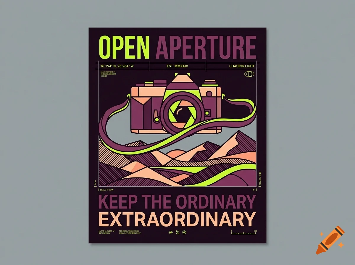 A poster featuring an illustrated camera with a strap, mountains below, and the text OPEN APERTURE and KEEP THE ORDINARY EXTRAORDINARY.