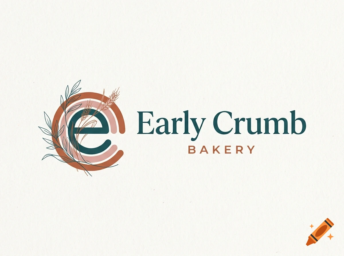 Logo design for Early Crumb Bakery featuring a stylized letter e surrounded by curved lines and botanical illustrations.