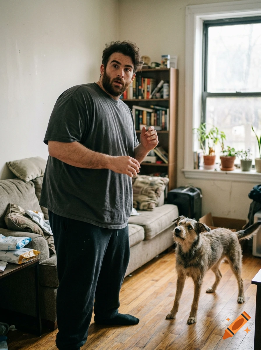 A man in a grey t-shirt and sweatpants looking surprised at a scruffy dog in a living room.