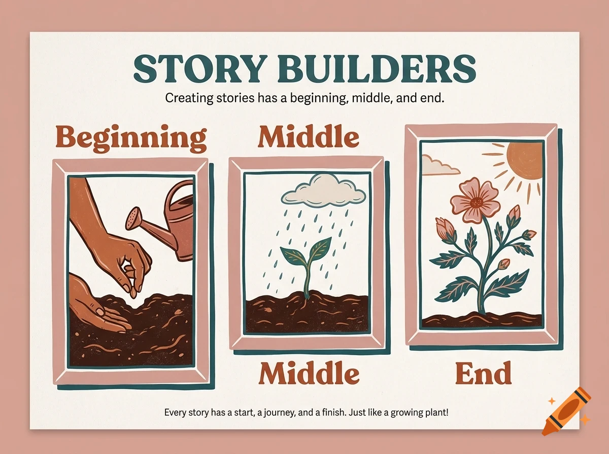 An educational poster titled 'Story Builders' illustrating the beginning, middle, and end of a story using a growing plant metaphor.