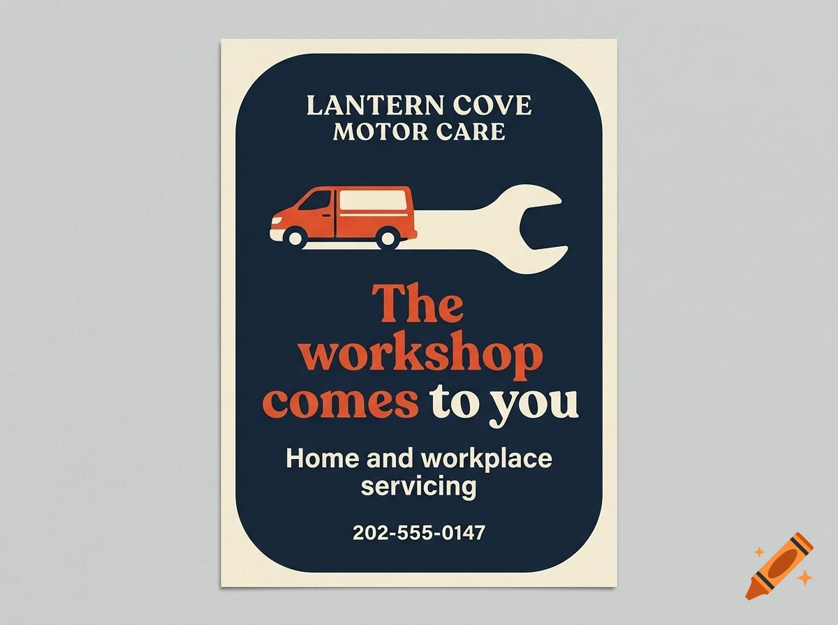 A poster for Lantern Cove Motor Care featuring a van, a wrench, and text.