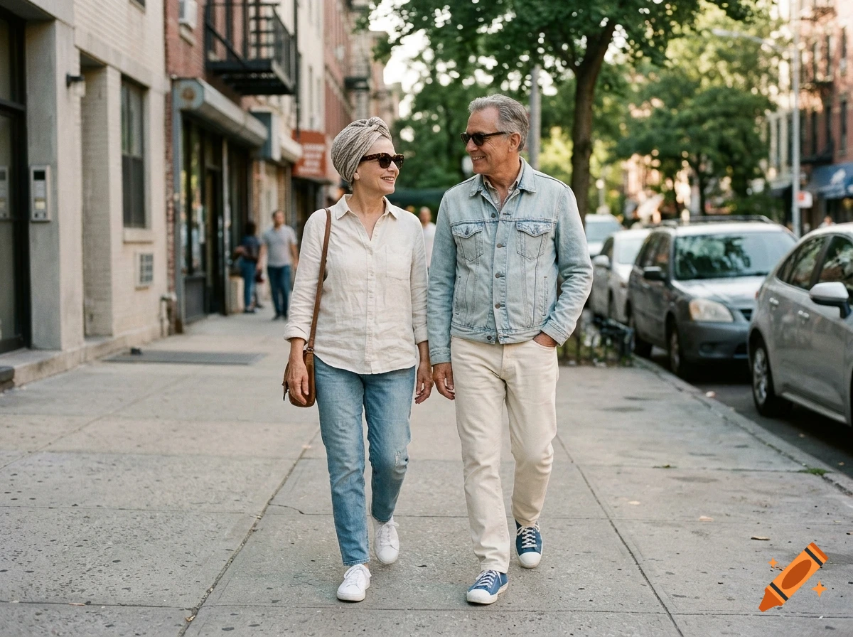 An older couple in casual clothing walking down a city sidewalk and smiling at each other.