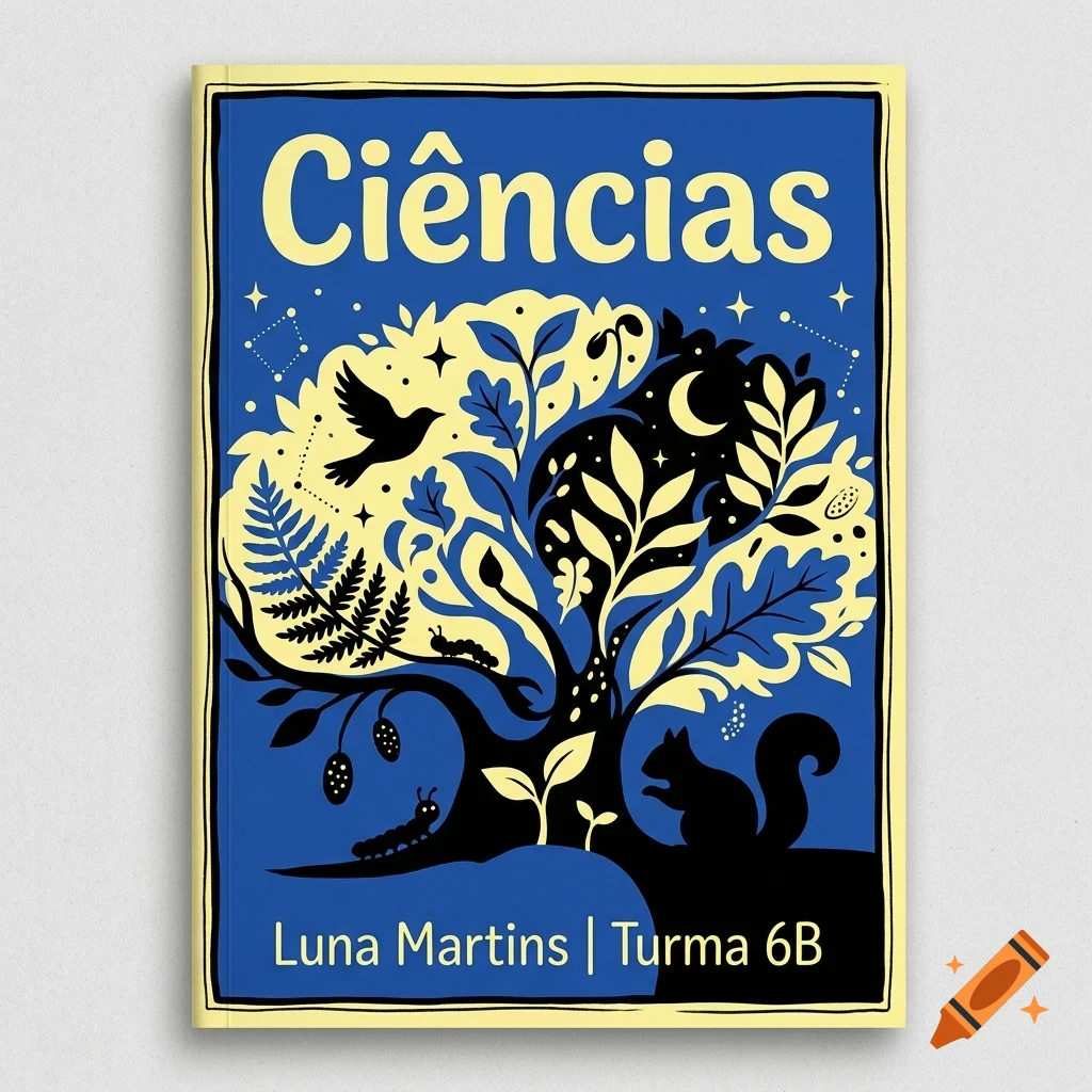 An illustrated textbook cover titled CiÃªncias featuring a stylized tree with animals, plants, and celestial elements in blue, yellow, and black.