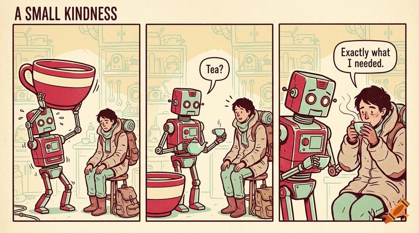 A three-panel comic strip titled A Small Kindness where a robot offers a cup of tea to a sad person.