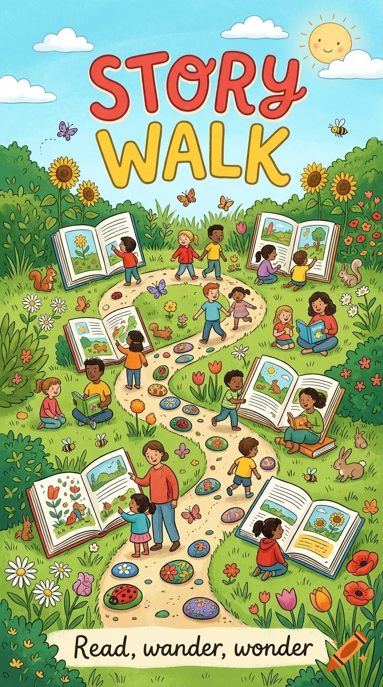 Colorful cartoon illustration titled 'STORY WALK' showing children and adults reading open books scattered along a winding path in a sunny garden with flowers, trees, and small animals.
