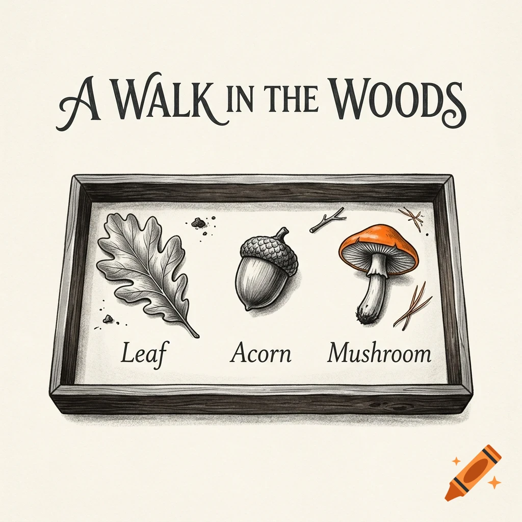 An illustrated tray featuring a leaf, an acorn, and a mushroom with the text A Walk In The Woods.
