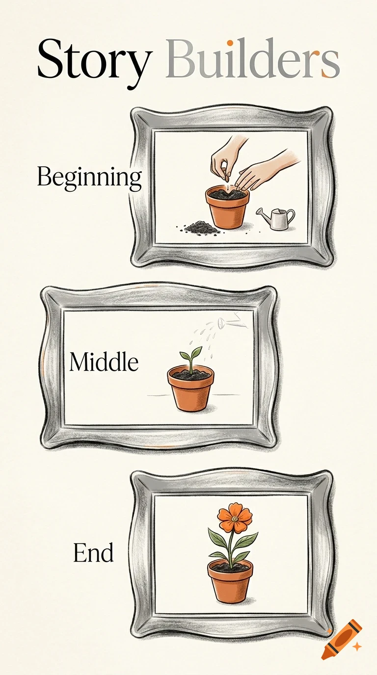 An instructional illustration titled Story Builders showing three steps labeled Beginning, Middle, and End, each in a silver frame.