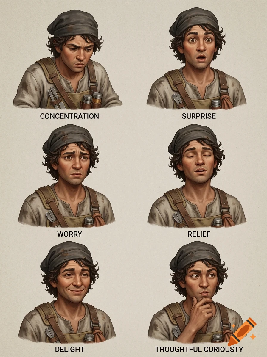 An illustrated character sheet showing a young man with dark hair and a cap displaying six different facial expressions: concentration, surprise, worry, relief, delight, and thoughtful curiosity.