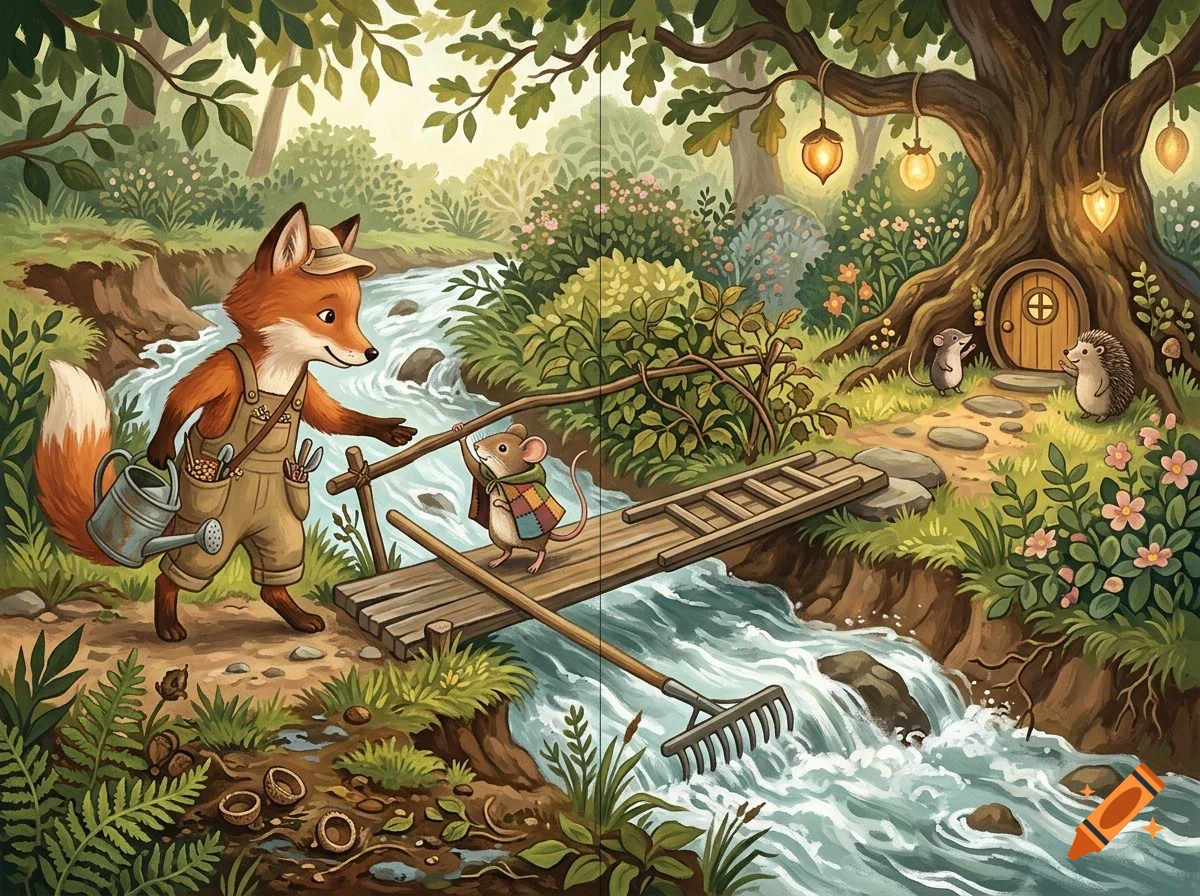 An illustrated woodland scene with an anthropomorphic fox wearing overalls holding a watering can by a stream, a mouse crossing a small wooden bridge, and a hedgehog near a treehouse.