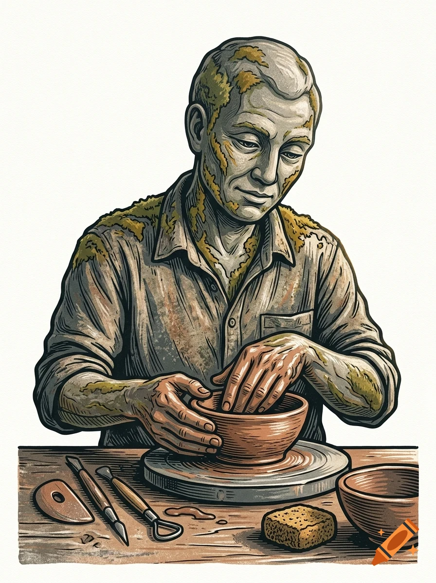 An illustrated depiction of a potter shaping a clay bowl on a wheel with tools laid out on the table.