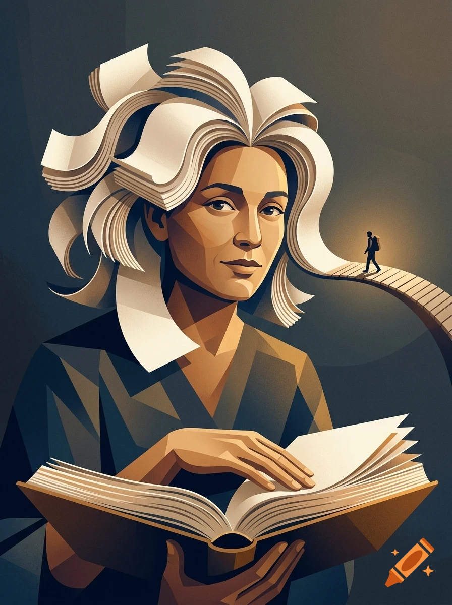 An illustration of a woman with hair made of pages and an open book in her hands, and a small figure on a path.