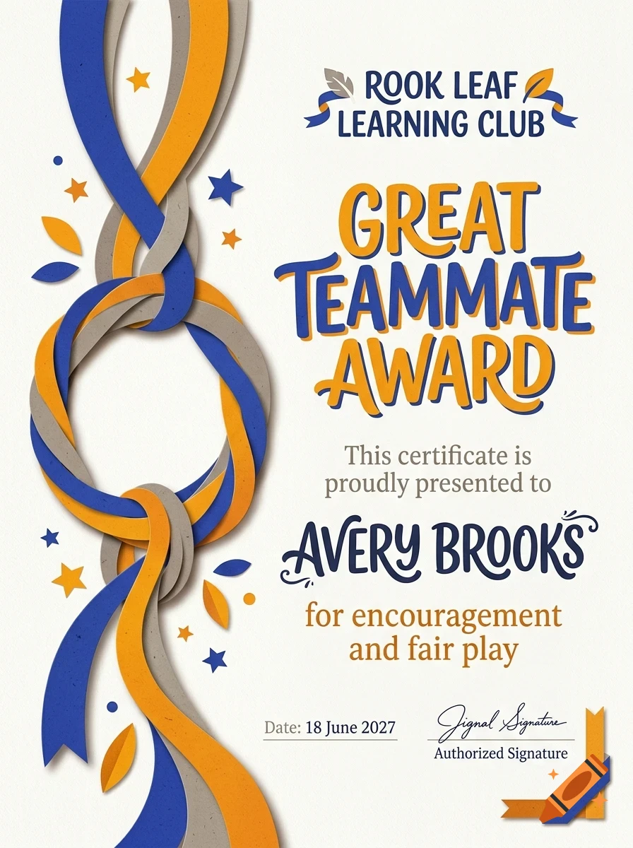 An award certificate from Rook Leaf Learning Club featuring blue, orange, and gray intertwined ribbons on the left and bold typography reading Great Teammate Award.