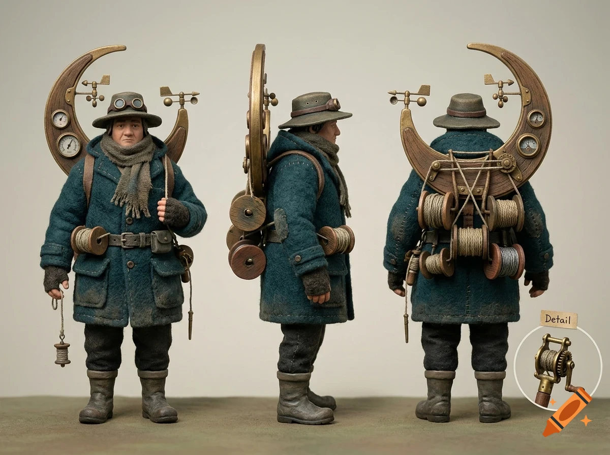 Three-angle character design of a steampunk explorer in a blue coat and hat, carrying a crescent-shaped weather device and spools of wire on his back.