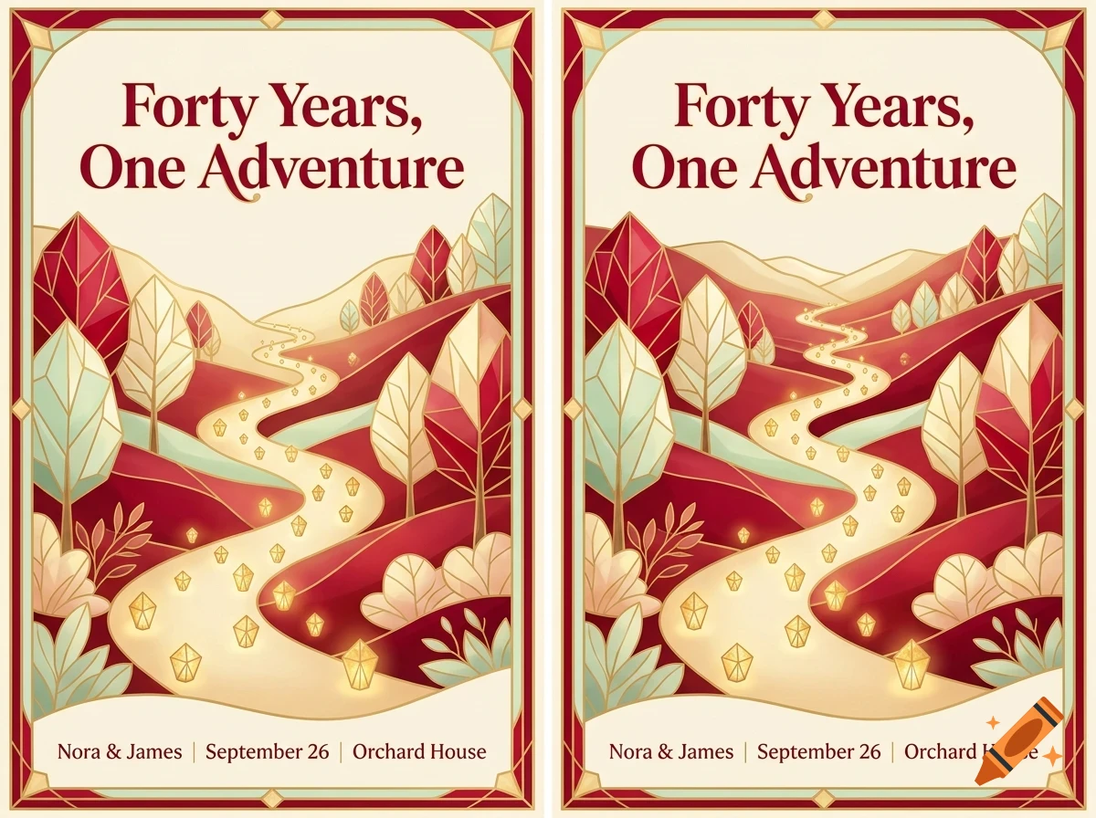 An illustration of a winding path through rolling hills and stylized trees with the text Forty Years, One Adventure and Nora & James