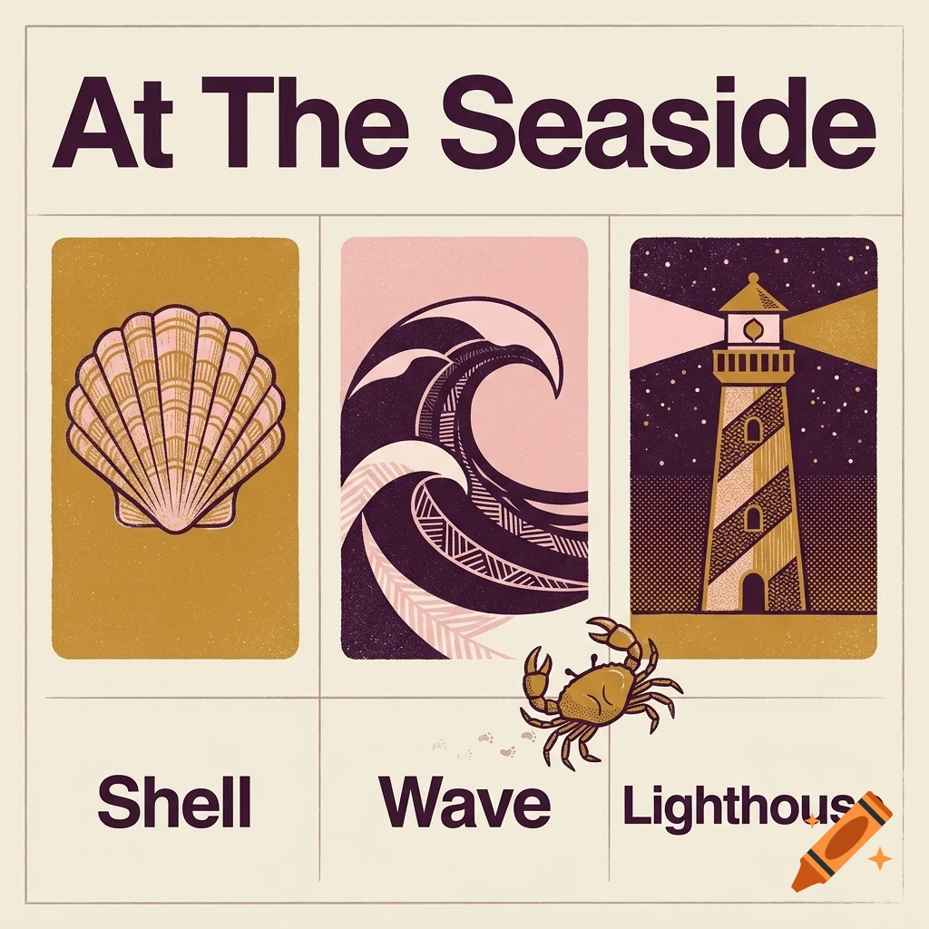 An illustrative poster with the text At The Seaside featuring three panels showing a shell, a wave, and a lighthouse, with a small crab below.