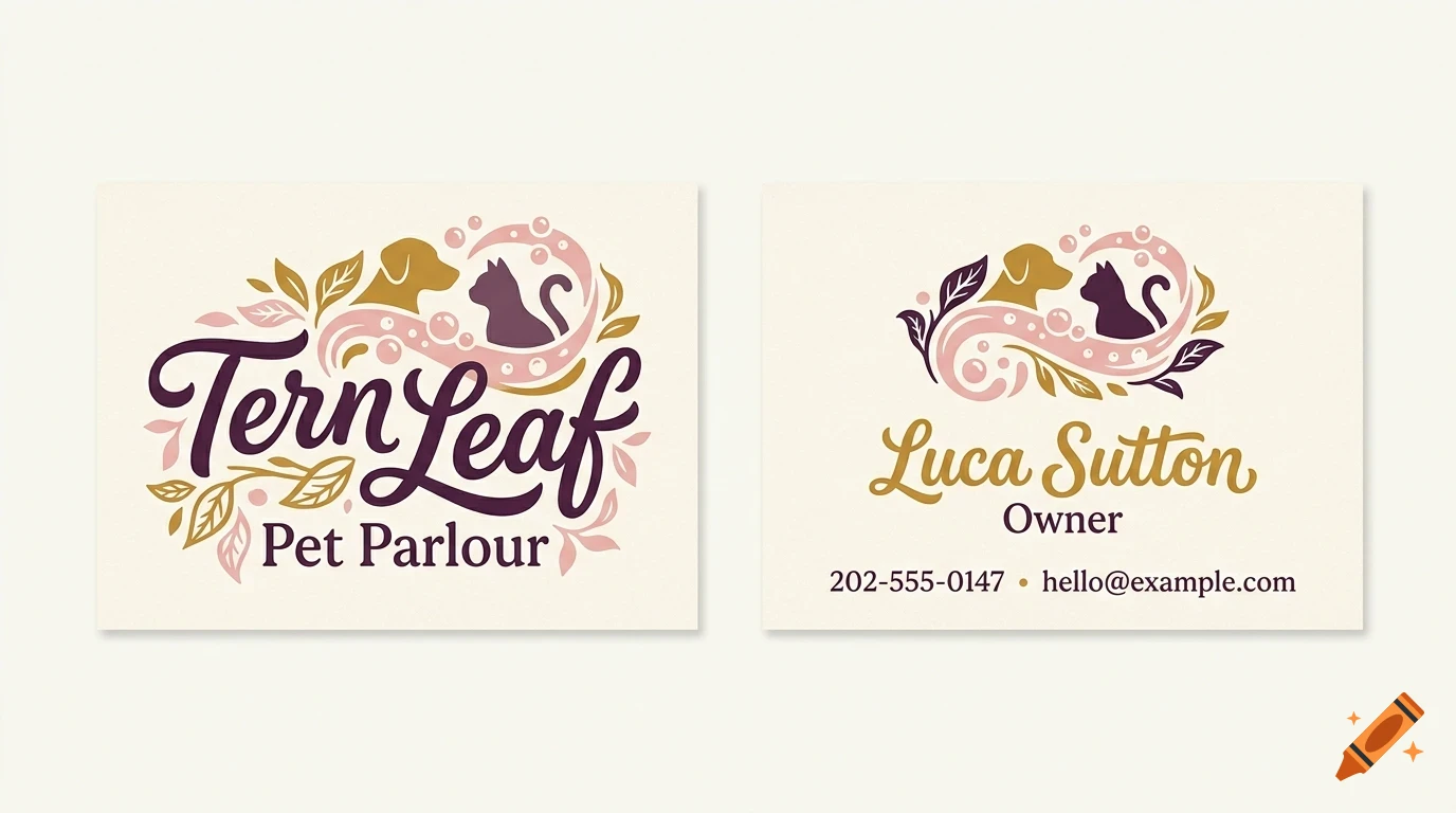 Two business card mockups featuring a pet parlour logo with a dog, a cat, leaves, bubbles, and custom lettering.