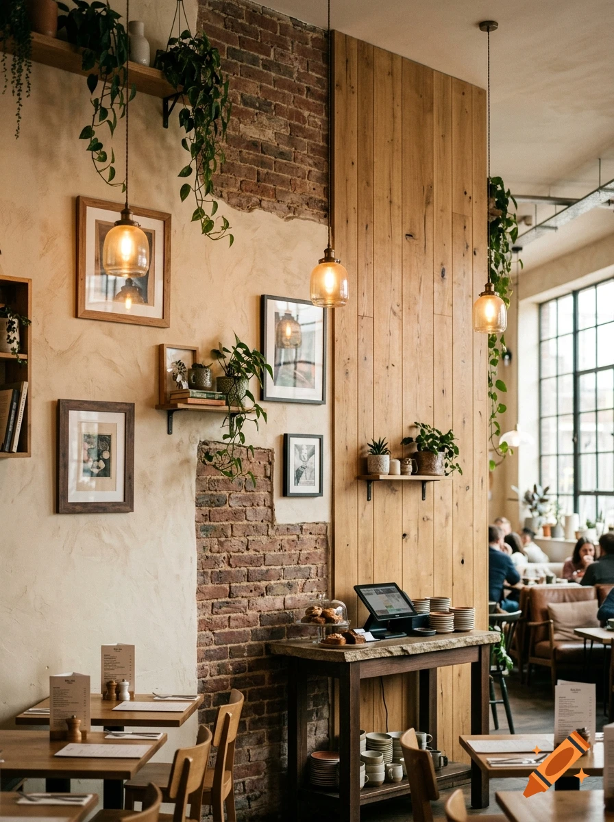 Photorealistic interior view of a cozy cafe with exposed brick walls, wooden paneling, hanging pendant lights, and potted plants.