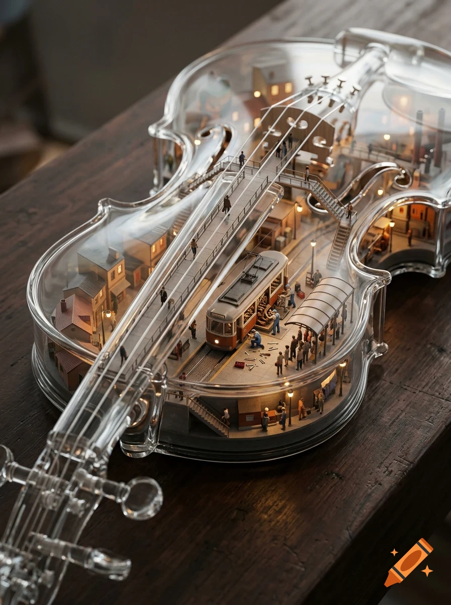 A detailed miniature city and tram station built inside a transparent, glass-like violin resting on a wooden table.