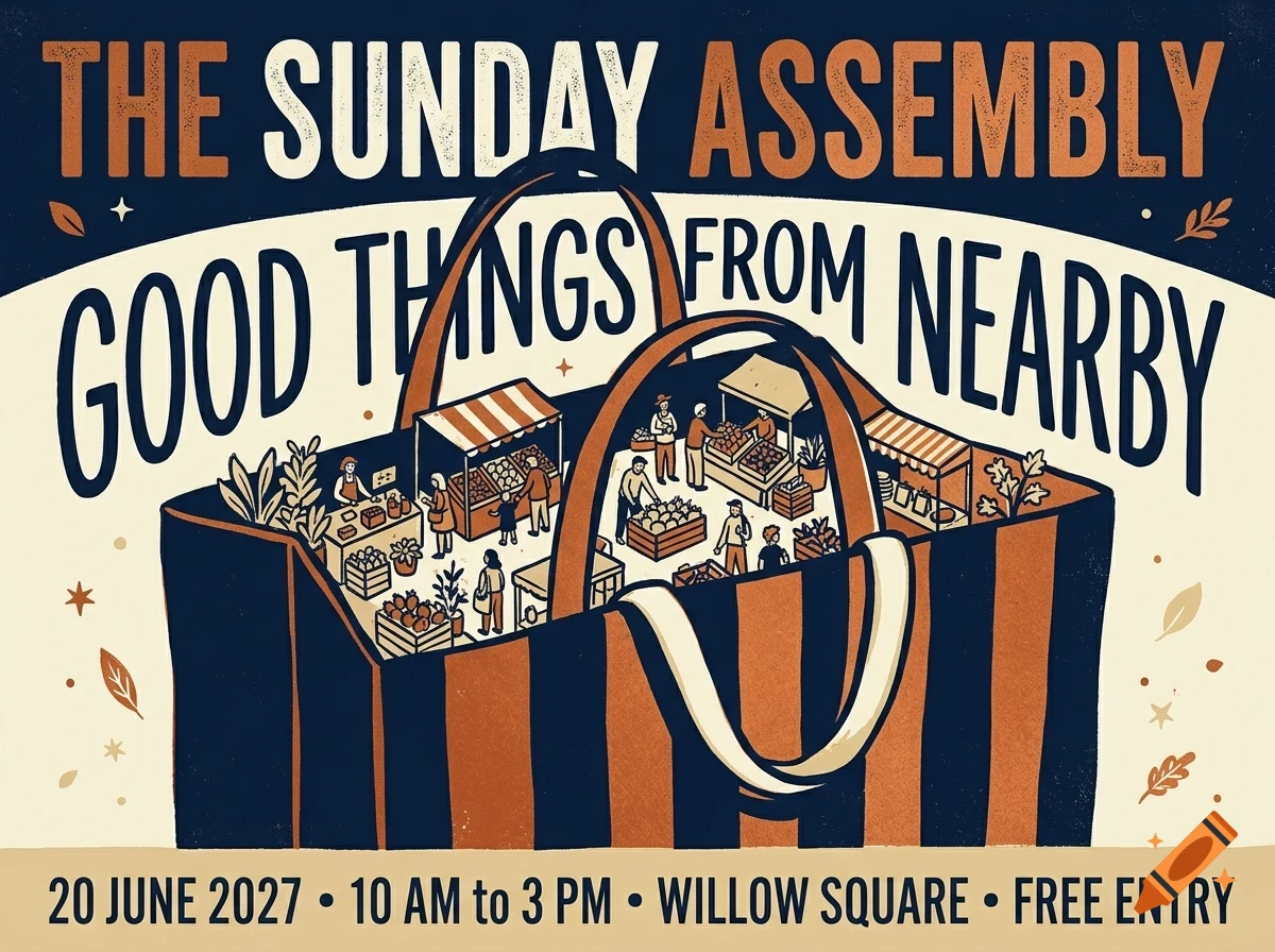 An illustrated poster depicting a large shopping bag filled with a bustling farmers market scene, with prominent lettering reading The Sunday Assembly and Good things from nearby.