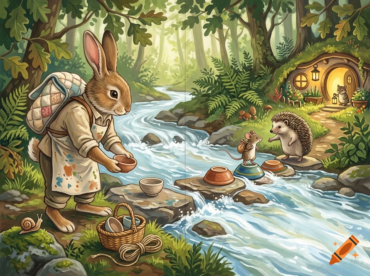 An illustrated woodland scene features an anthropomorphic rabbit by a stream, with a hedgehog, mouse, and a small burrow home in the background.
