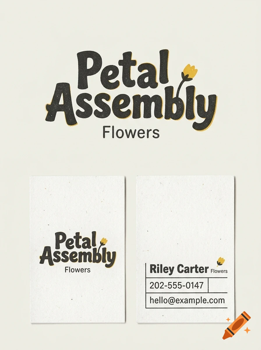 Branding design featuring the text Petal Assembly Flowers with two business cards showing contact details and the logo.