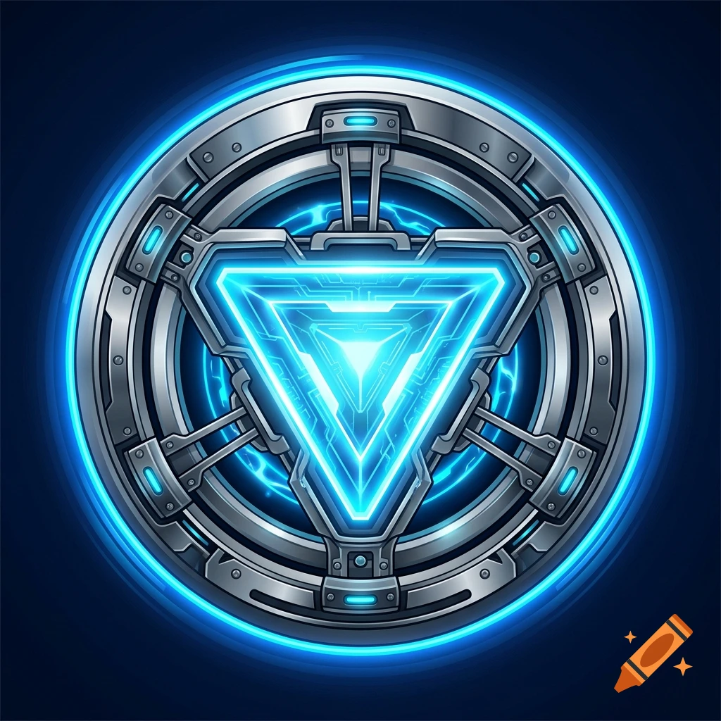 Futuristic glowing blue arc reactor icon with metallic and sci-fi elements in 3D style.