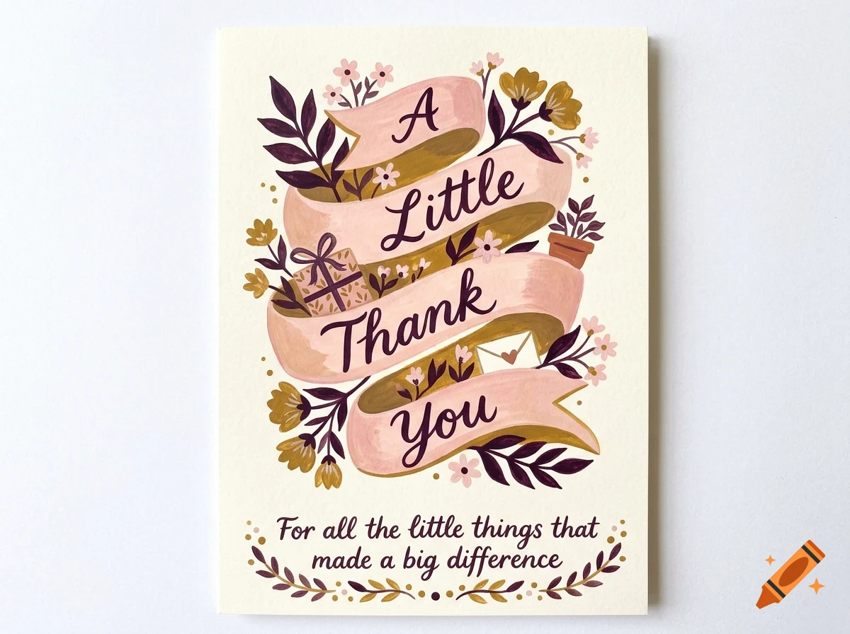 A greeting card featuring a painted illustration of a pink banner with the words A Little Thank You, surrounded by flowers, leaves, a gift box, and an envelope, with additional text at the bottom reading For all the little things that made a big difference.