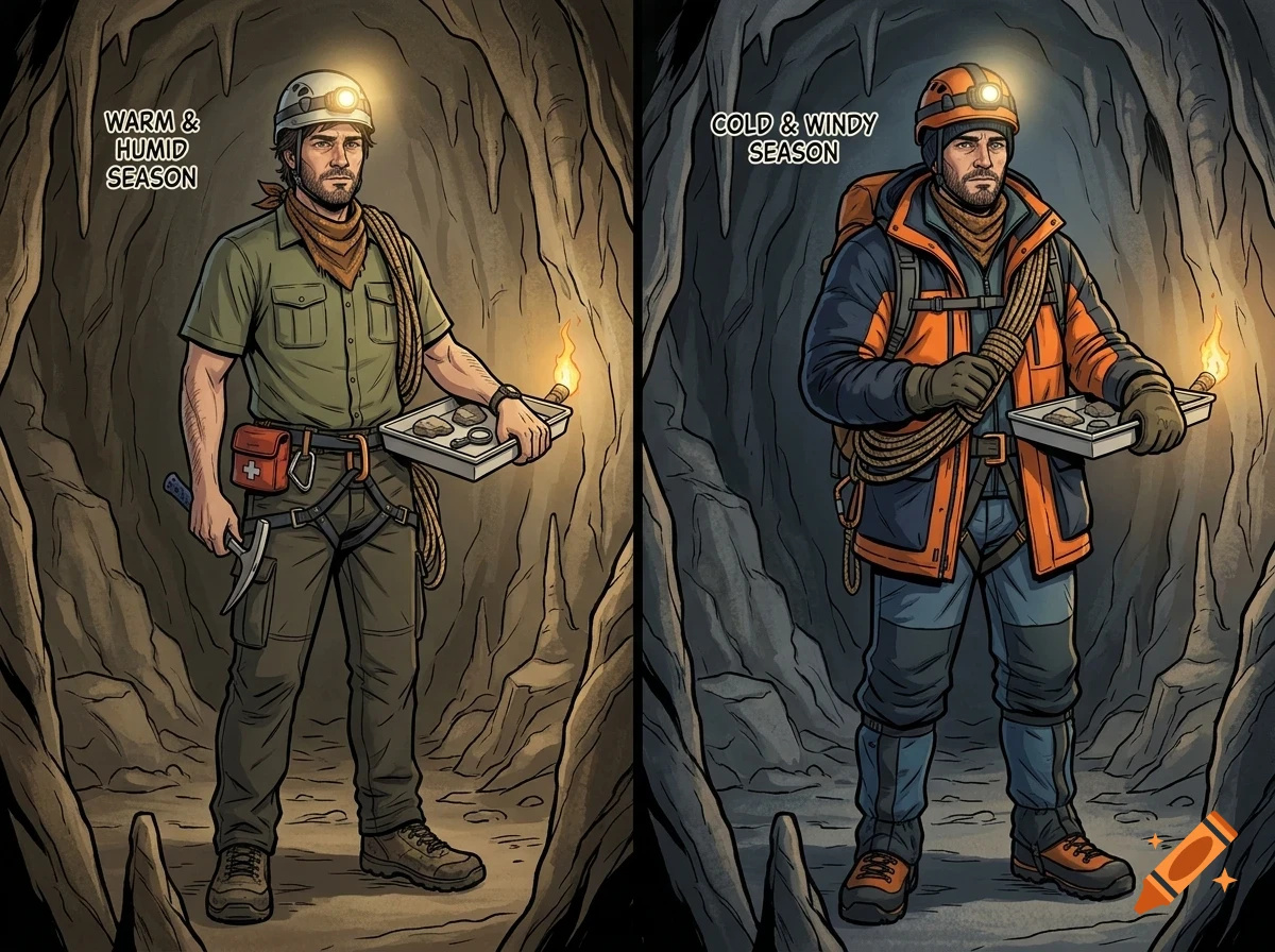 An illustrated comparison showing a man in a cave during warm and humid versus cold and windy seasons.