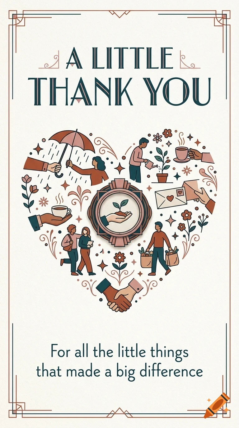 A greeting card with the text A Little Thank You, featuring a heart-shaped collage of people, hands, and plants.