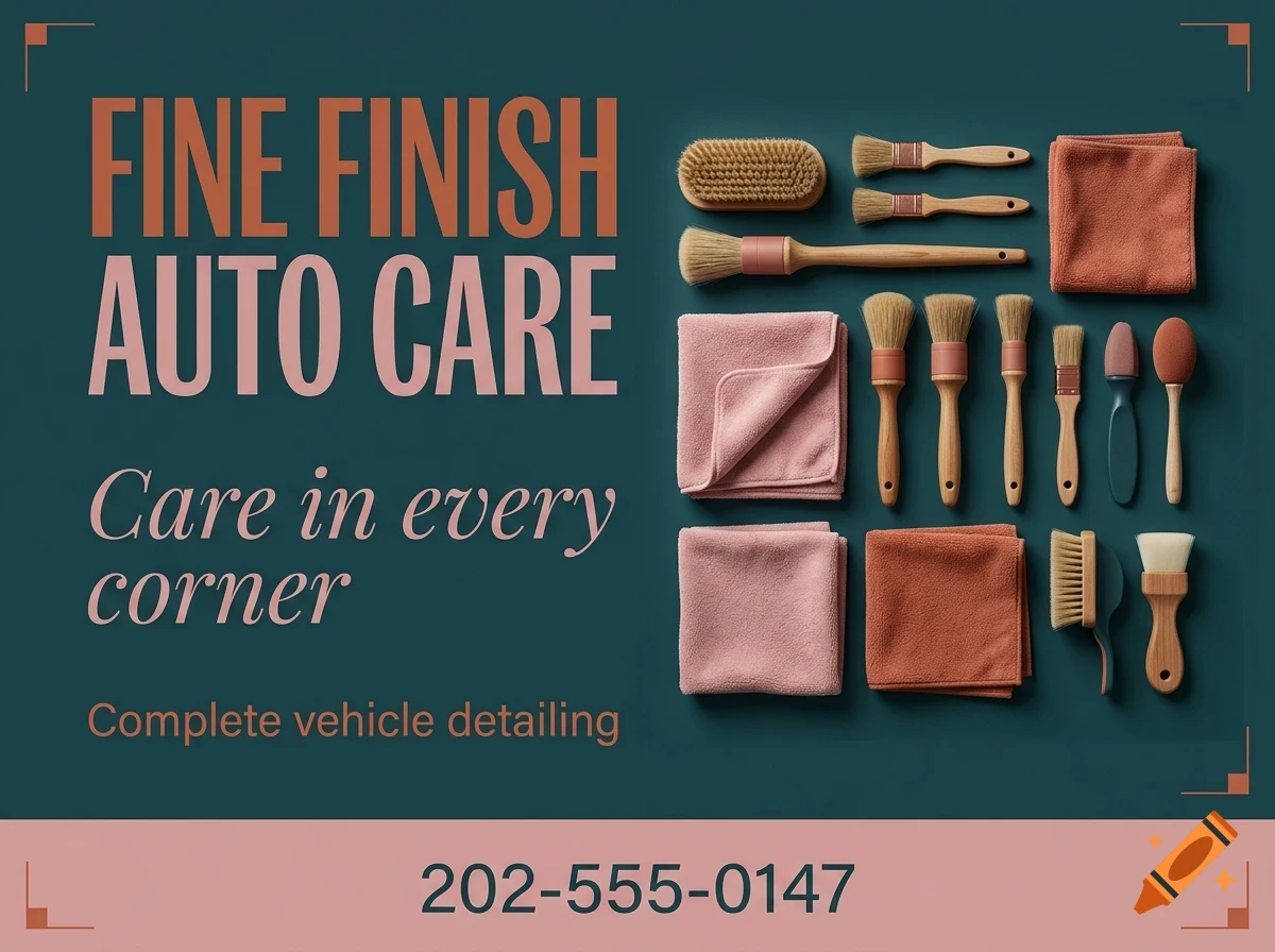 An advertisement for vehicle detailing featuring detailing brushes, cloths, and the text Fine Finish Auto Care.