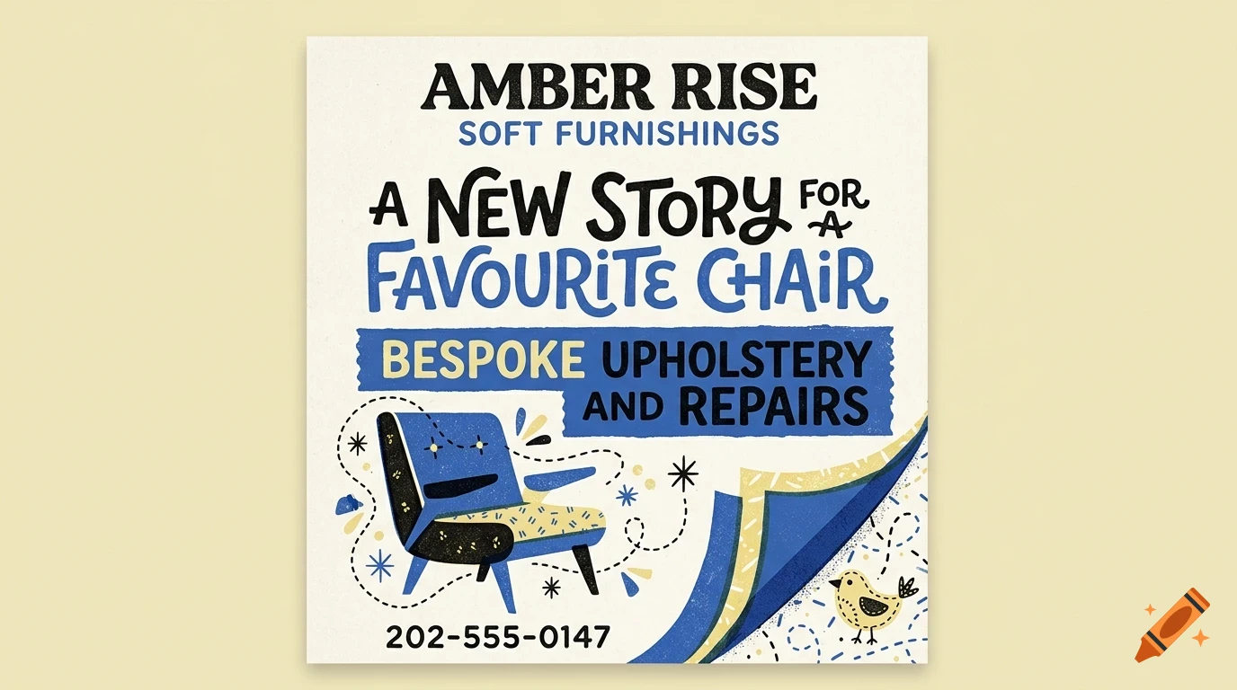 An advertisement for Amber Rise Soft Furnishings featuring an illustrated blue armchair, a small bird, and bold lettering.
