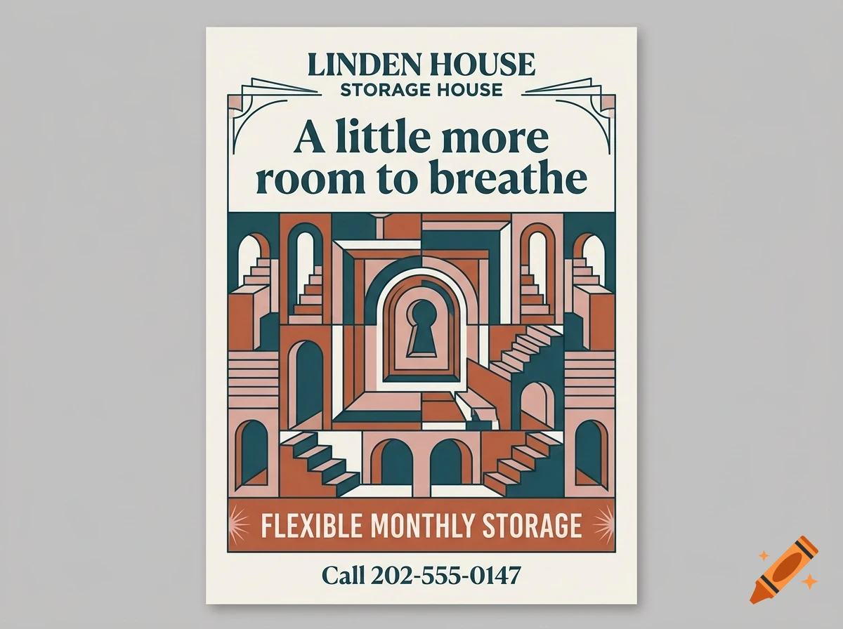 An advertisement poster for Linden House Storage House featuring an abstract geometric illustration of architectural staircases and arches, with text reading A little more room to breathe.