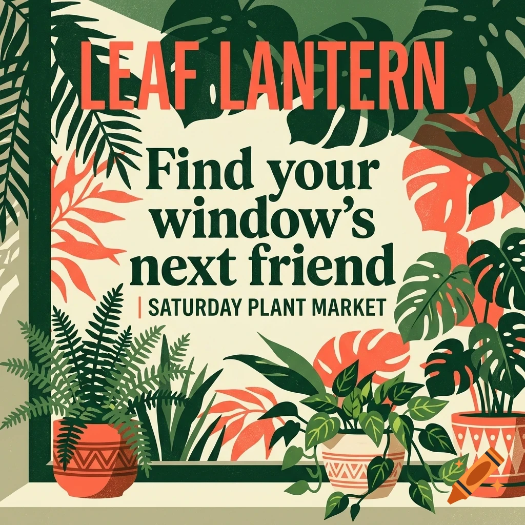 An illustrated poster advertising a plant market with text reading 'LEAF LANTERN: Find your window's next friend | SATURDAY PLANT MARKET', surrounded by potted houseplants and tropical leaves.