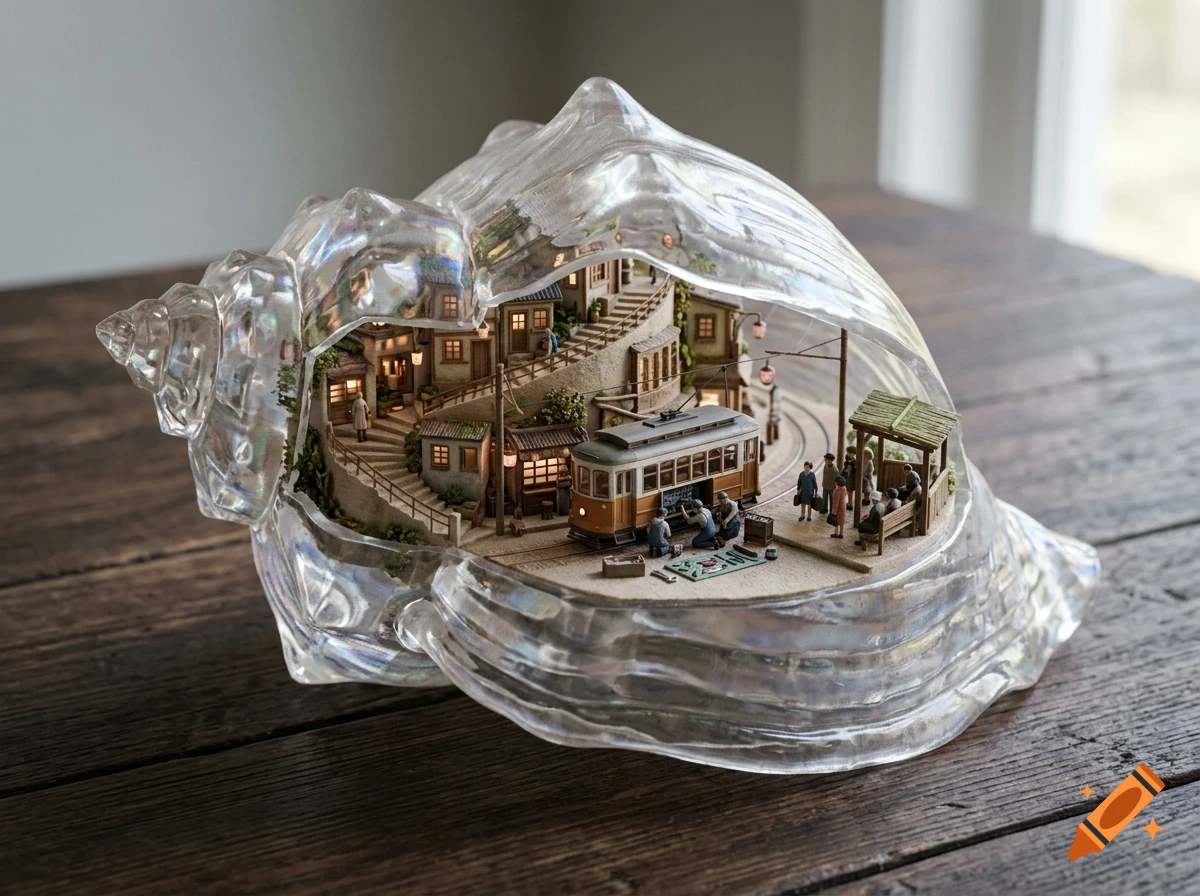 A miniature diorama of a quaint town with a tram and people is built inside a large transparent seashell.