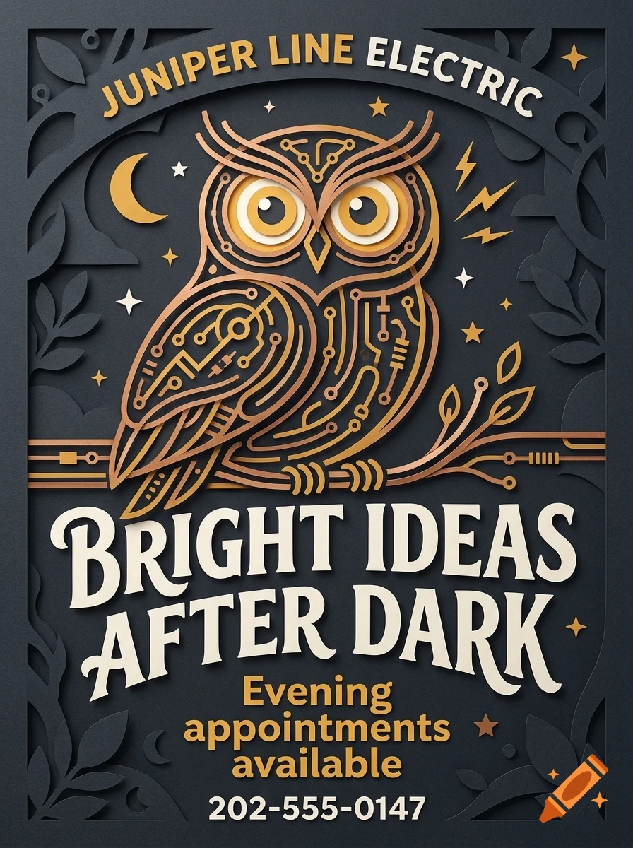 An artistic poster featuring a stylized owl perched on a branch, surrounded by stars, a crescent moon, and lightning bolts, with the text 'Juniper Line Electric' and 'Bright ideas after dark'.