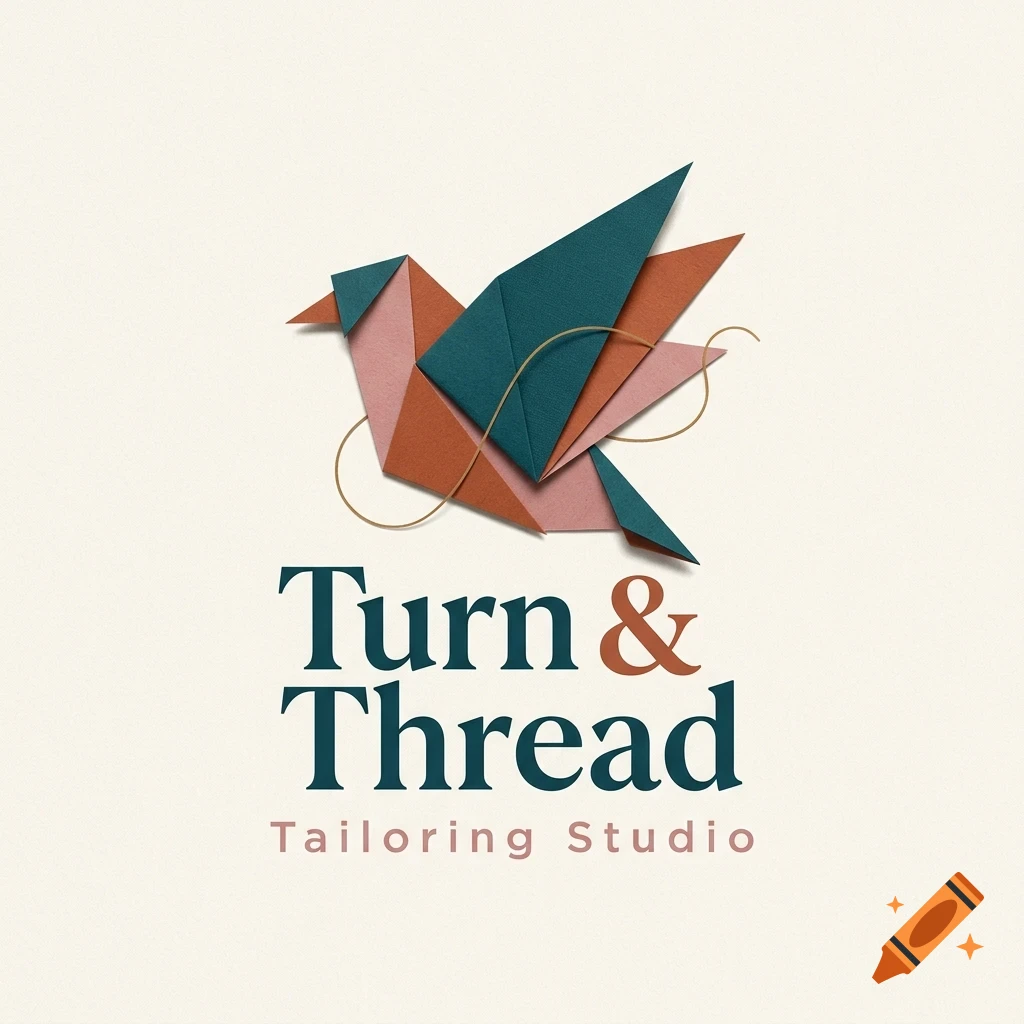 An origami-style paper bird emblem with a thread looping through it, positioned above the text Turn & Thread Tailoring Studio.