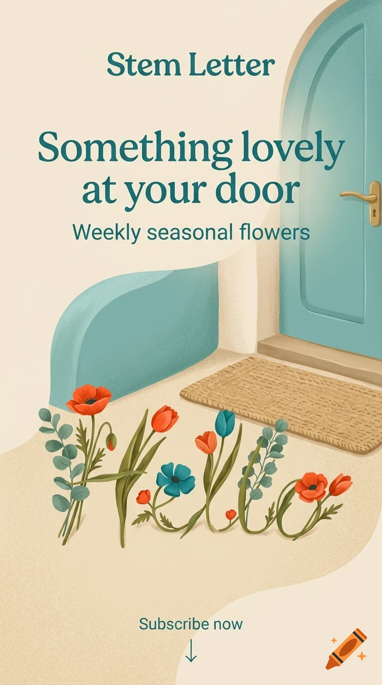 An illustrated poster featuring a blue front door, a welcome mat, and flowers arranged to spell the word Hello, with the text Stem Letter and Something lovely at your door.
