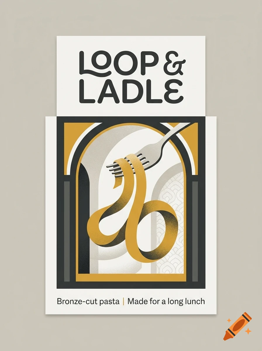 An illustrated poster for Loop & Ladle showing pasta wrapped on a fork inside an arched frame.
