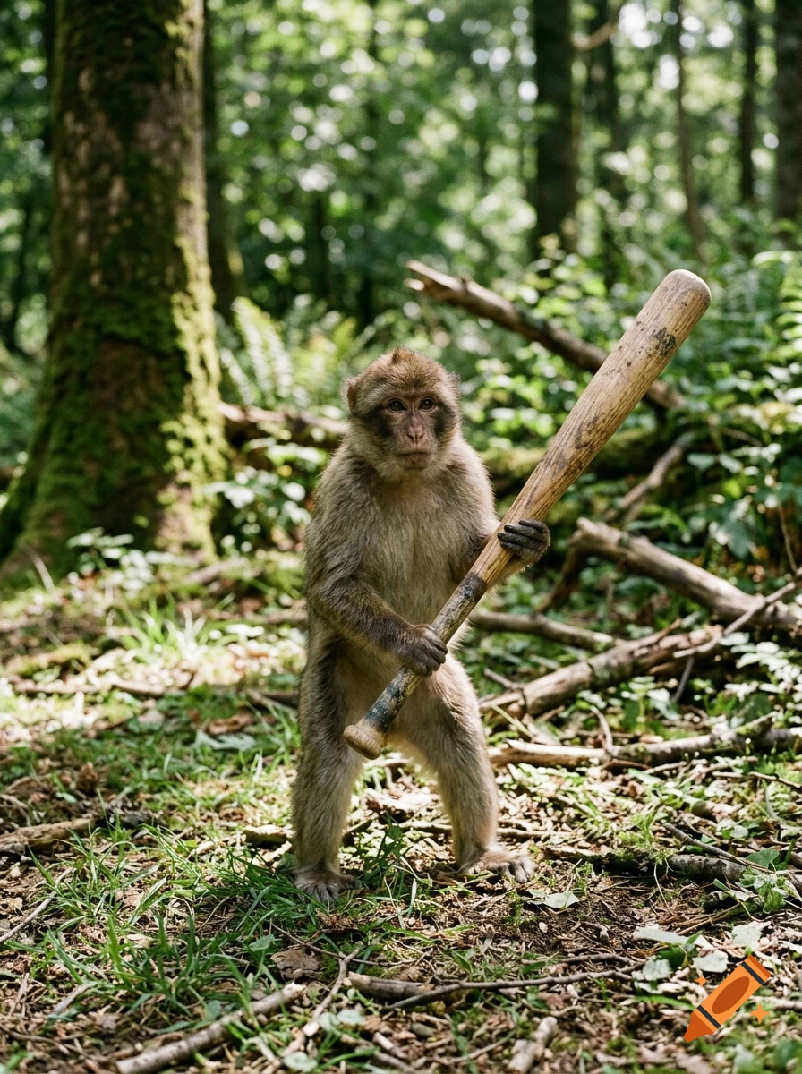 A photorealistic image of a macaque monkey standing upright in a forest, holding a wooden baseball bat.
