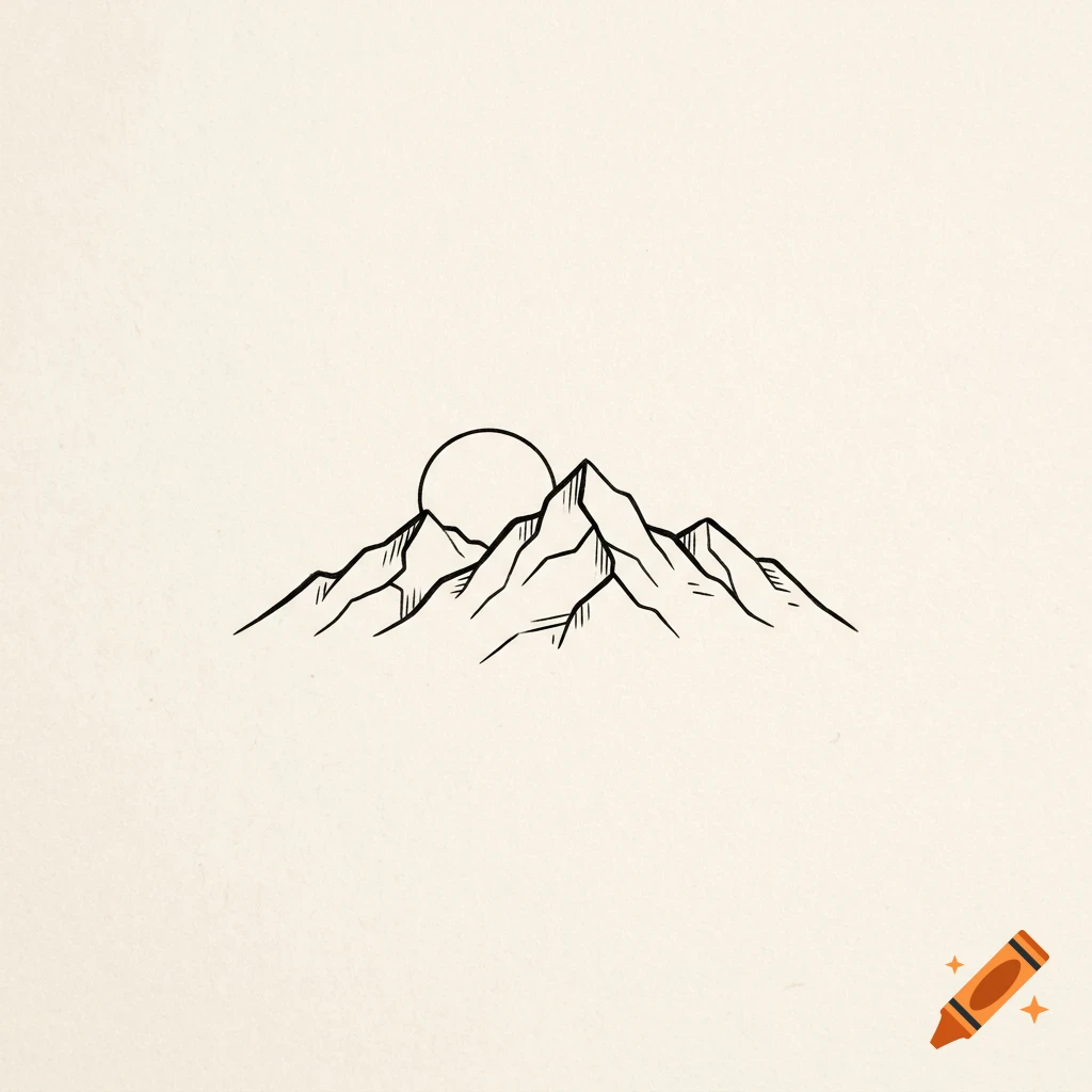 Minimalist black ink line drawing of mountain peaks with a rising sun behind them on a beige background.