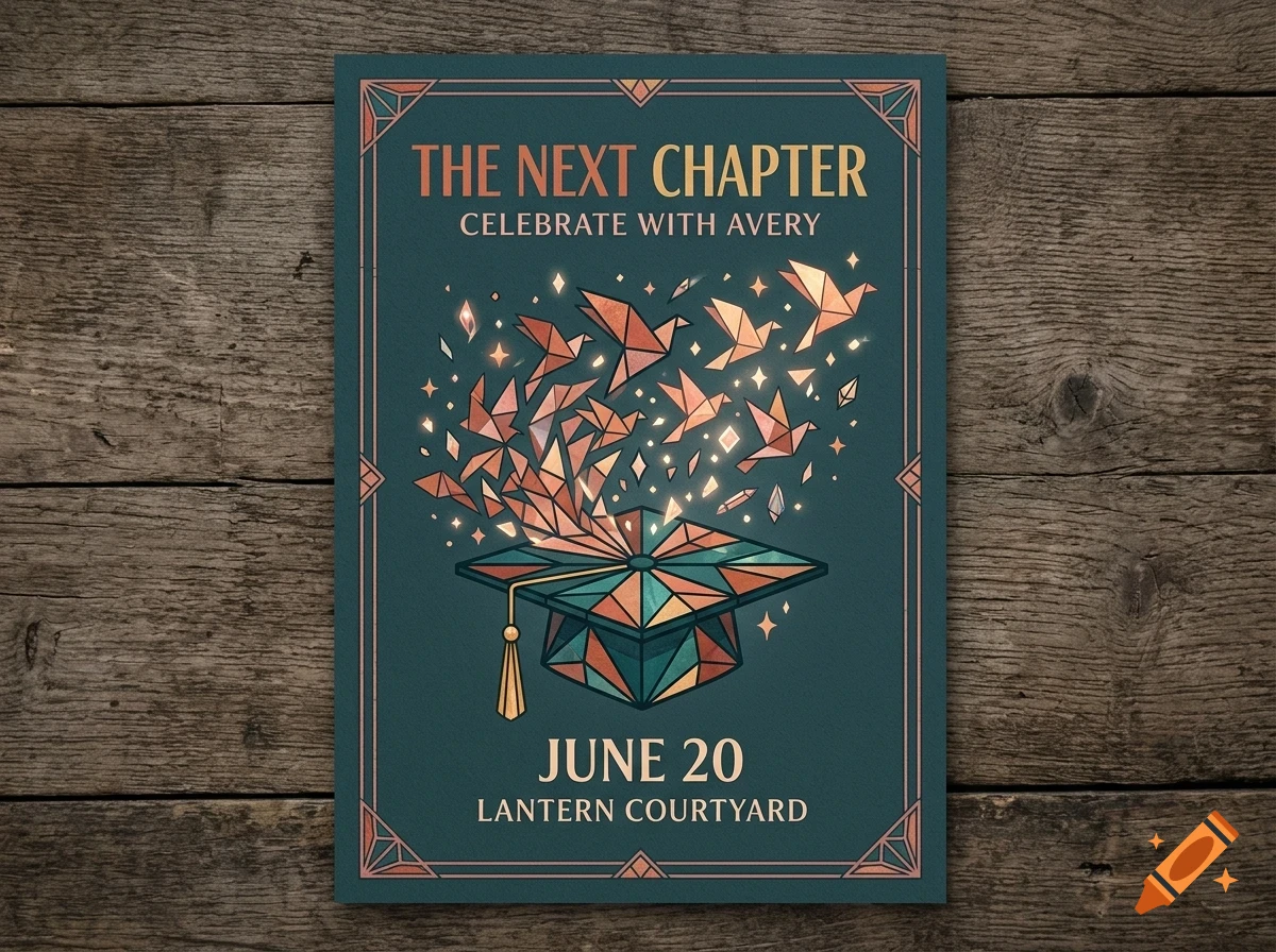 An invitation poster with geometric graduation cap design releasing origami birds, reading The Next Chapter Celebrate With Avery June 20 Lantern Courtyard.