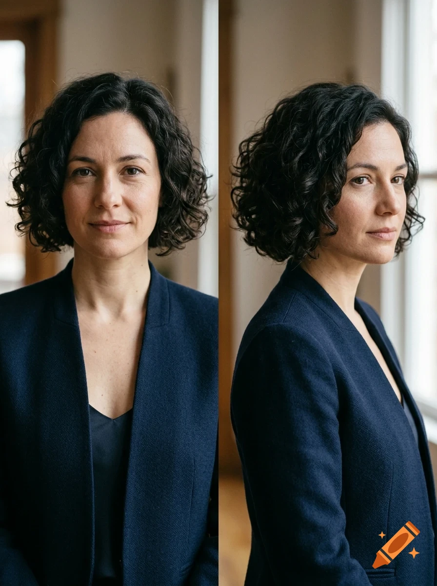 A woman with short curly dark hair wearing a dark blue blazer in two side-by-side portrait views.