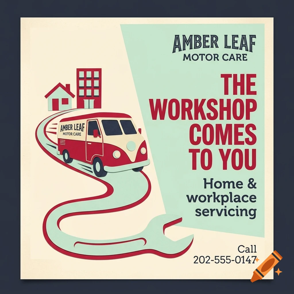 An advertisement for Amber Leaf Motor Care featuring a red van driving along a winding road shaped like a wrench, with buildings and text.