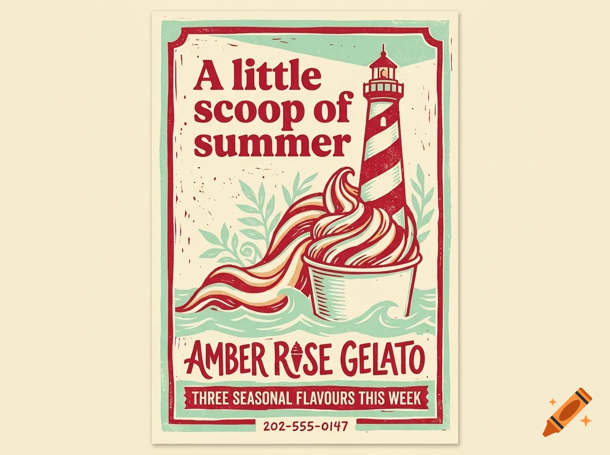 Vintage poster advertising Amber Rise Gelato featuring a lighthouse next to a soft-serve ice cream cone and text reading A little scoop of summer.