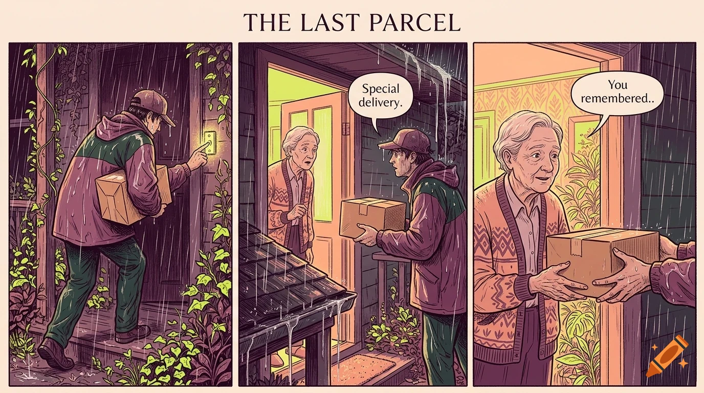 A comic strip titled The Last Parcel showing a delivery person delivering a package to an elderly woman in the rain.