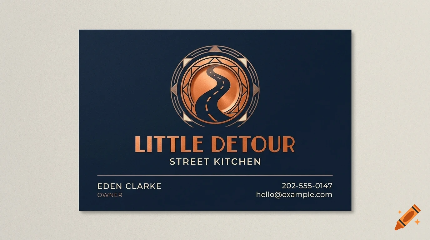 A business card with dark blue background and copper foil lettering featuring a winding road logo and text reading Little Detour, Street Kitchen.