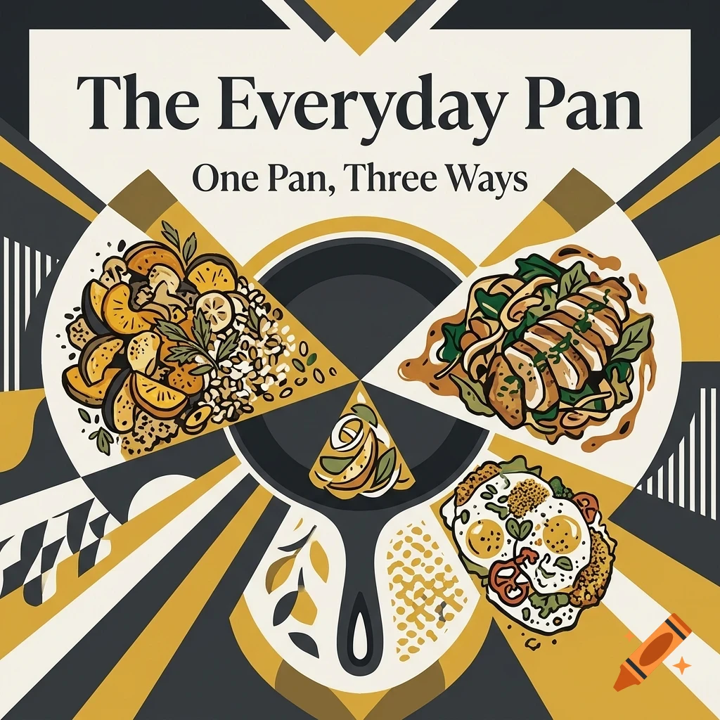 An illustration with text reading The Everyday Pan and One Pan, Three Ways, showing a pan surrounded by three different meal portions.
