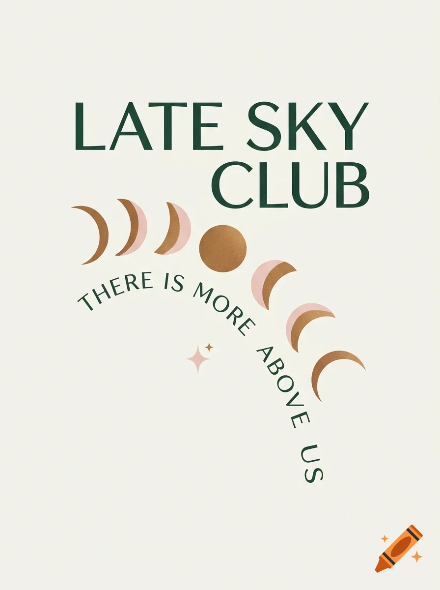 An artistic poster with the text LATE SKY CLUB and an arch of moon phases, a full circle moon, a small star, and the text THERE IS MORE ABOVE US.
