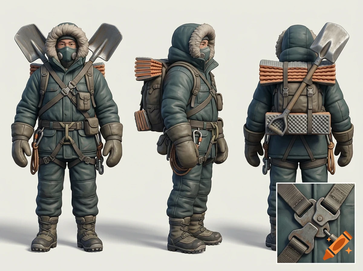 Character design sheet showing a character in heavy winter gear with a parka, backpack, and shovels from multiple angles.